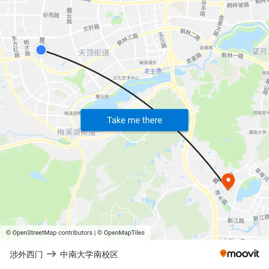 涉外西门 to 中南大学南校区 map