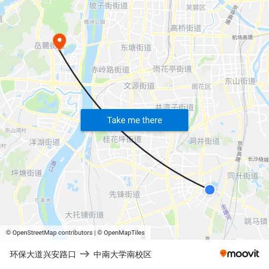 环保大道兴安路口 to 中南大学南校区 map