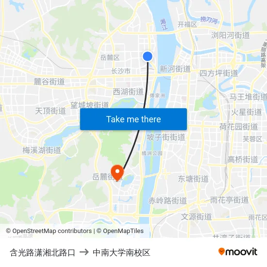 含光路潇湘北路口 to 中南大学南校区 map