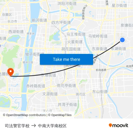 司法警官学校 to 中南大学南校区 map