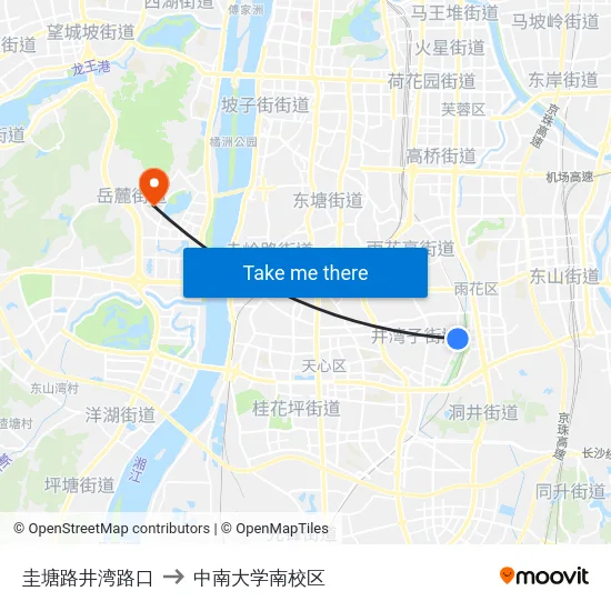 圭塘路井湾路口 to 中南大学南校区 map