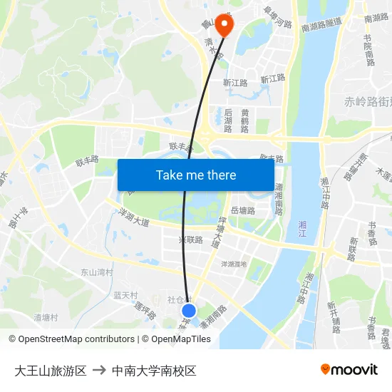 大王山旅游区 to 中南大学南校区 map