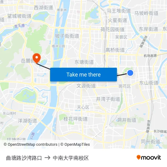 曲塘路沙湾路口 to 中南大学南校区 map