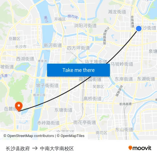 长沙县政府 to 中南大学南校区 map