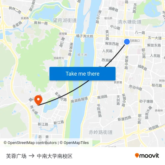 芙蓉广场 to 中南大学南校区 map