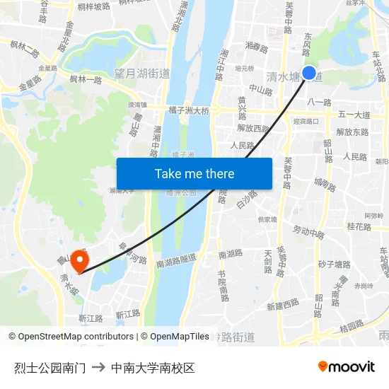 烈士公园南门 to 中南大学南校区 map