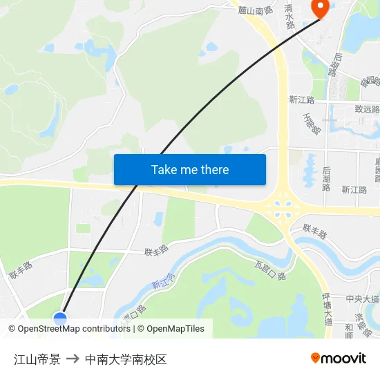 江山帝景 to 中南大学南校区 map