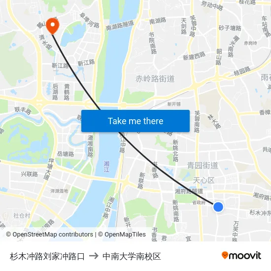 杉木冲路刘家冲路口 to 中南大学南校区 map