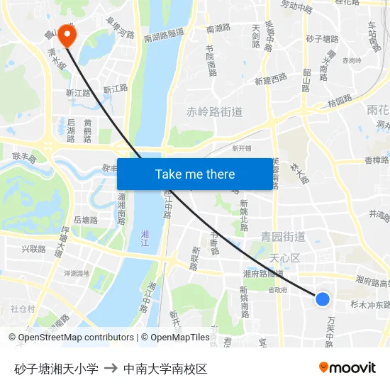 砂子塘湘天小学 to 中南大学南校区 map