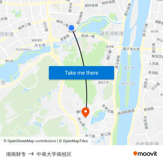 湖南财专 to 中南大学南校区 map