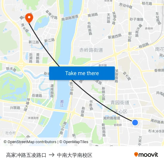 高家冲路五凌路口 to 中南大学南校区 map