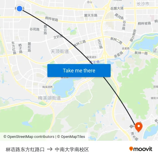 林语路东方红路口 to 中南大学南校区 map