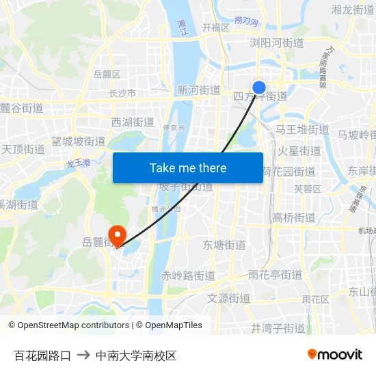 百花园路口 to 中南大学南校区 map