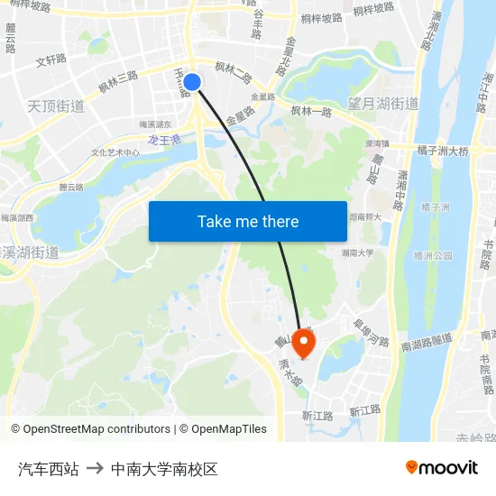 汽车西站 to 中南大学南校区 map