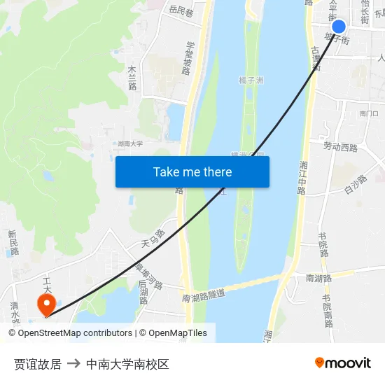 贾谊故居 to 中南大学南校区 map