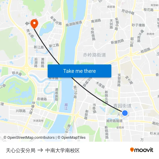 天心公安分局 to 中南大学南校区 map
