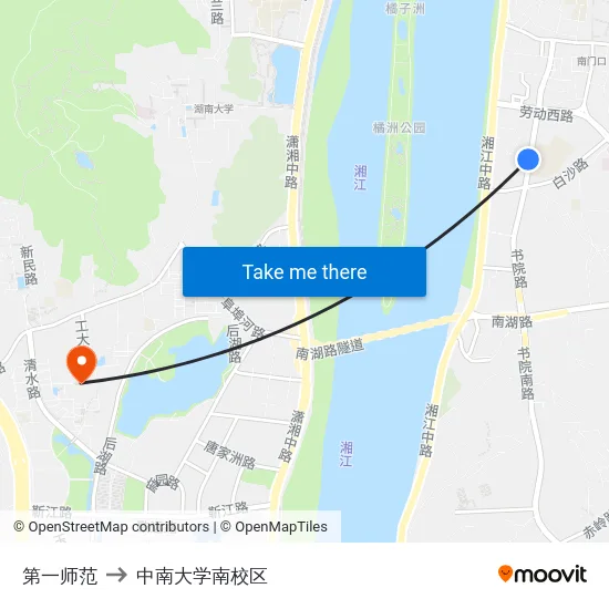 第一师范 to 中南大学南校区 map