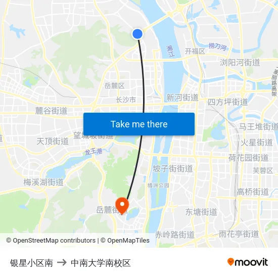 银星小区南 to 中南大学南校区 map
