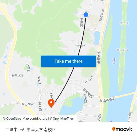 二里半 to 中南大学南校区 map
