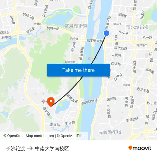长沙轮渡 to 中南大学南校区 map