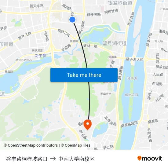 谷丰路桐梓坡路口 to 中南大学南校区 map
