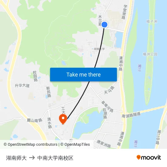 湖南师大 to 中南大学南校区 map