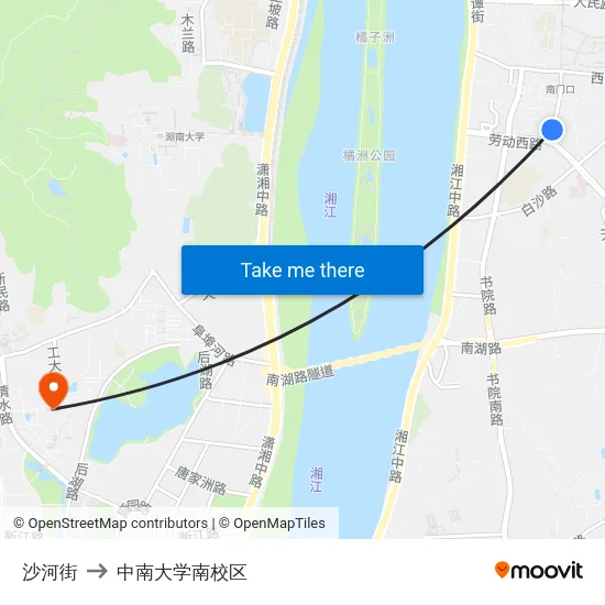 沙河街 to 中南大学南校区 map