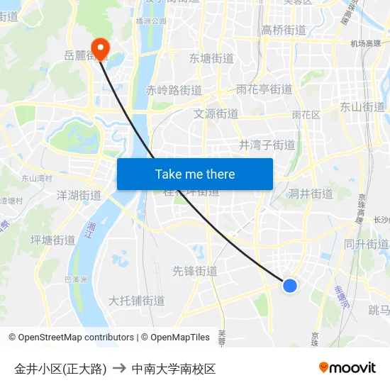 金井小区(正大路) to 中南大学南校区 map