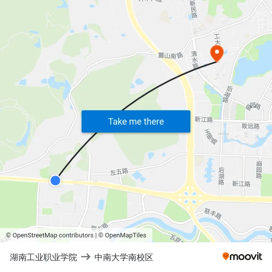 湖南工业职业学院 to 中南大学南校区 map