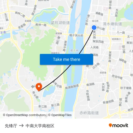 先锋厅 to 中南大学南校区 map