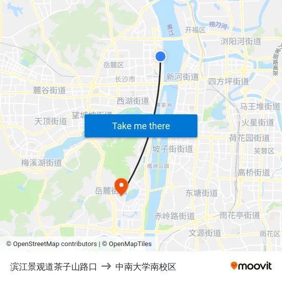 滨江景观道茶子山路口 to 中南大学南校区 map