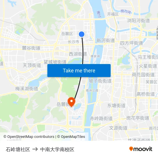 石岭塘社区 to 中南大学南校区 map