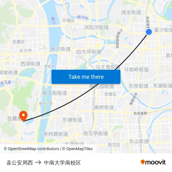 县公安局西 to 中南大学南校区 map