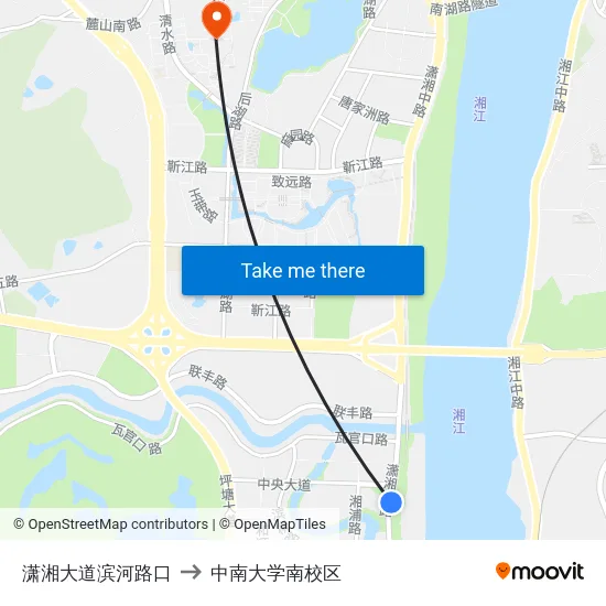 潇湘大道滨河路口 to 中南大学南校区 map