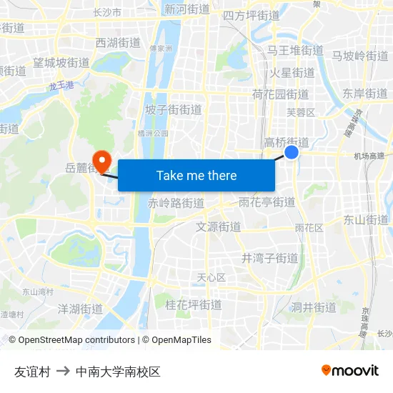 友谊村 to 中南大学南校区 map