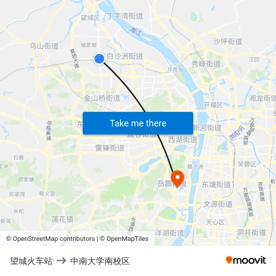 望城火车站 to 中南大学南校区 map