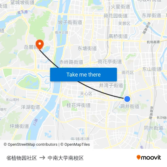 省植物园社区 to 中南大学南校区 map