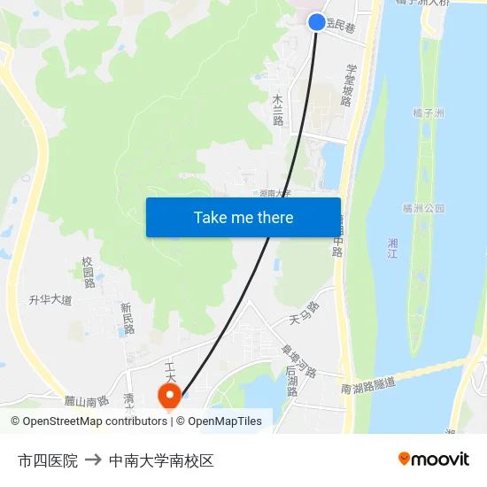 市四医院 to 中南大学南校区 map