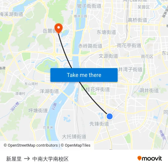 新屋里 to 中南大学南校区 map