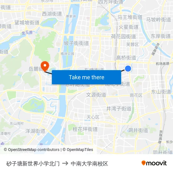 砂子塘新世界小学北门 to 中南大学南校区 map