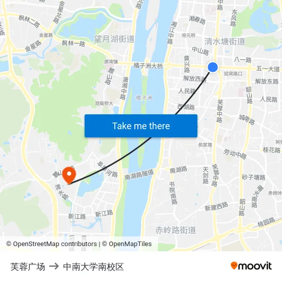 芙蓉广场 to 中南大学南校区 map
