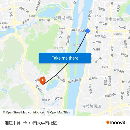 湘江中路 to 中南大学南校区 map