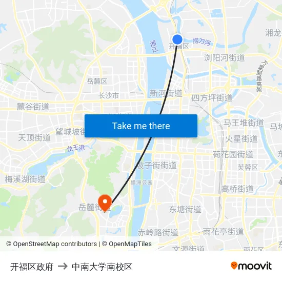 开福区政府 to 中南大学南校区 map