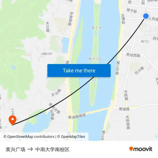 黄兴广场 to 中南大学南校区 map