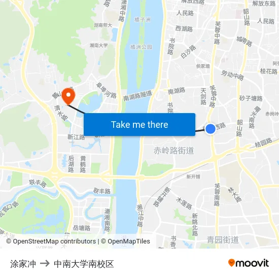 涂家冲 to 中南大学南校区 map