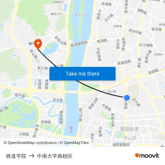 铁道学院 to 中南大学南校区 map