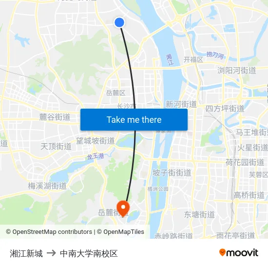 湘江新城 to 中南大学南校区 map
