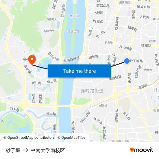砂子塘 to 中南大学南校区 map