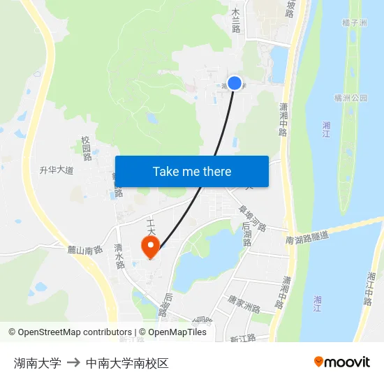 湖南大学 to 中南大学南校区 map