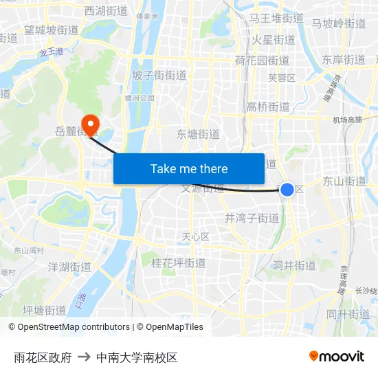 雨花区政府 to 中南大学南校区 map